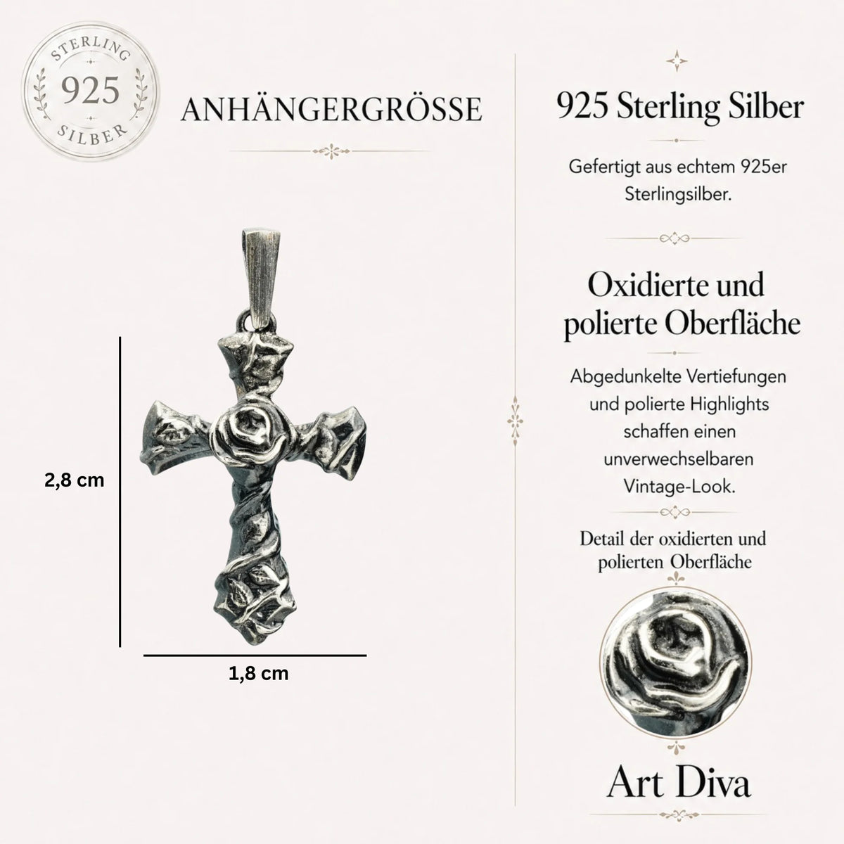 Kreuz-Anhänger mit Rose aus 925er Silber – oxidiertes Boho-Rustik-Design | Art Diva