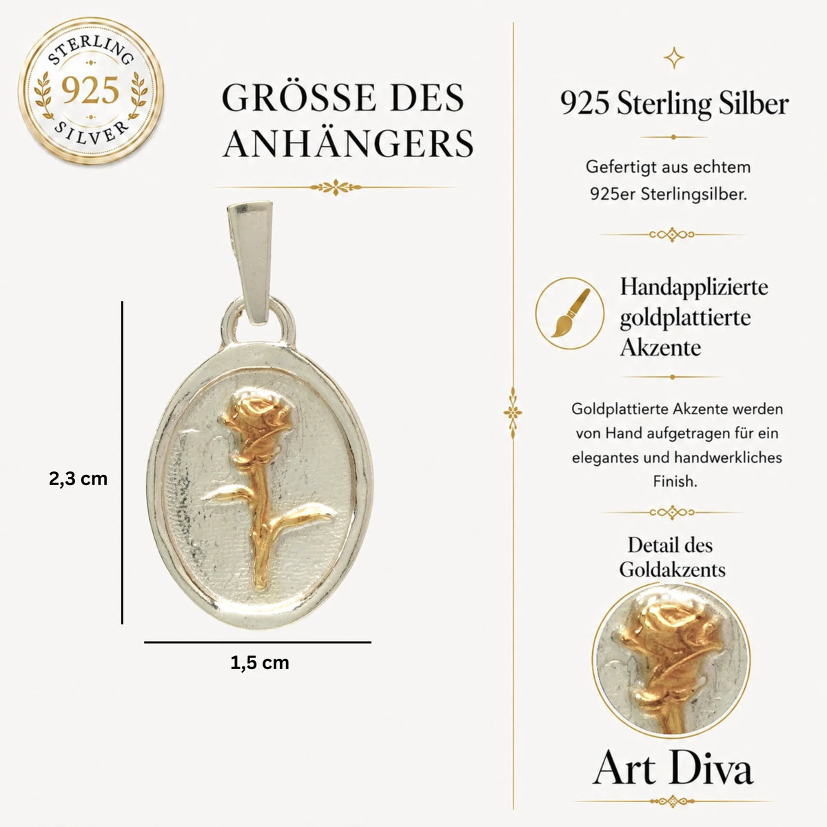 Rosen-Anhänger „Memento Vivere“ aus 925er Silber mit Goldakzenten – handgefertigter Kunstschmuck und Talisman | Art Diva