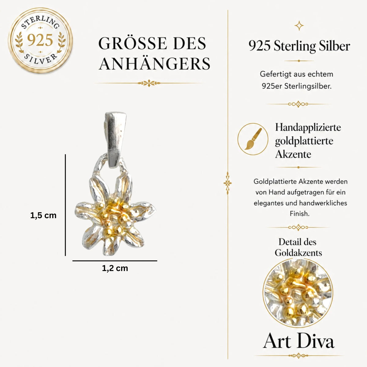 Edelweiß-Anhänger aus 925er Silber mit goldenen Akzenten – handgefertigter Boho-Talisman für reine Liebe und Treue | Skulpturaler Schmuck aus der Kollektion „Glanz“ | Art Diva