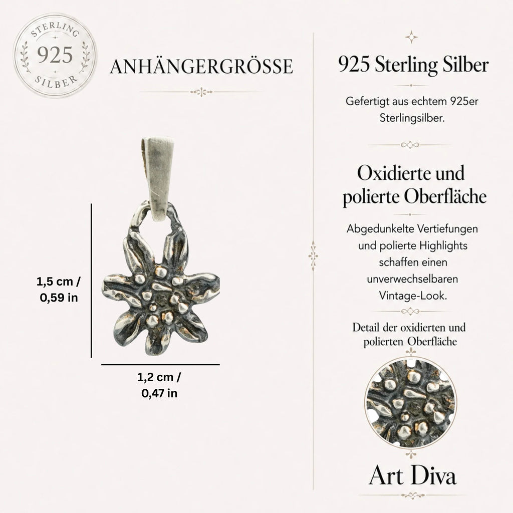 Edelweiß-Anhänger aus 925er Silber – handgefertigter Boho-Talisman für reine Liebe und Treue, skulpturales Schmuckstück und Geschenk für Mutter, Tochter oder Freundin | Art Diva