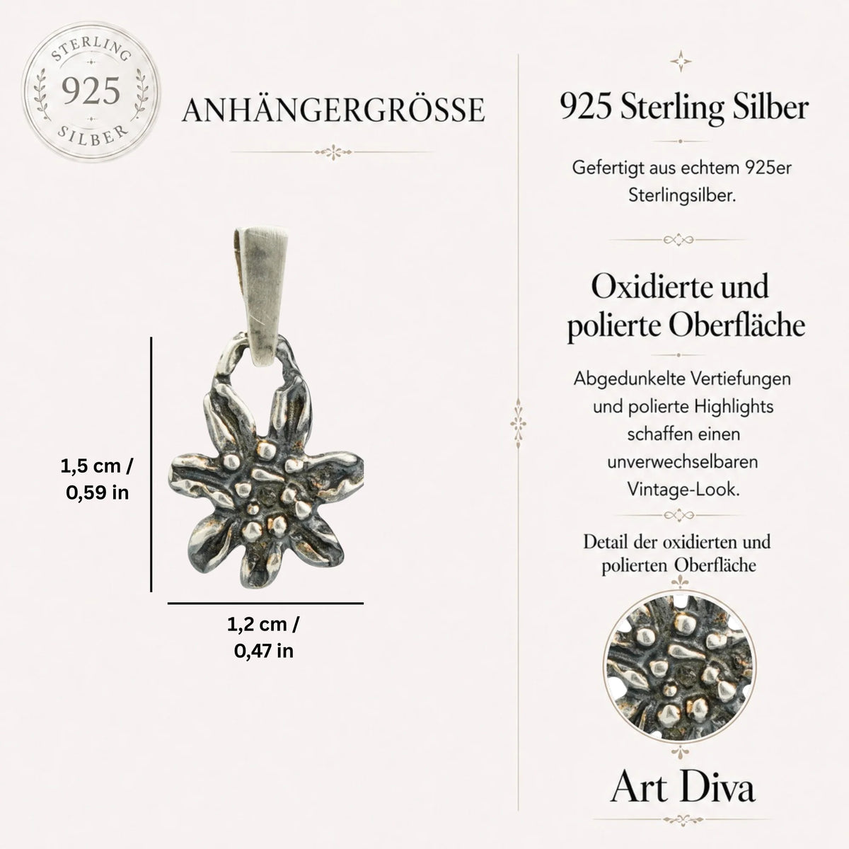 Edelweiß-Anhänger aus 925er Silber – handgefertigter Boho-Talisman für reine Liebe und Treue, skulpturales Schmuckstück und Geschenk für Mutter, Tochter oder Freundin | Art Diva