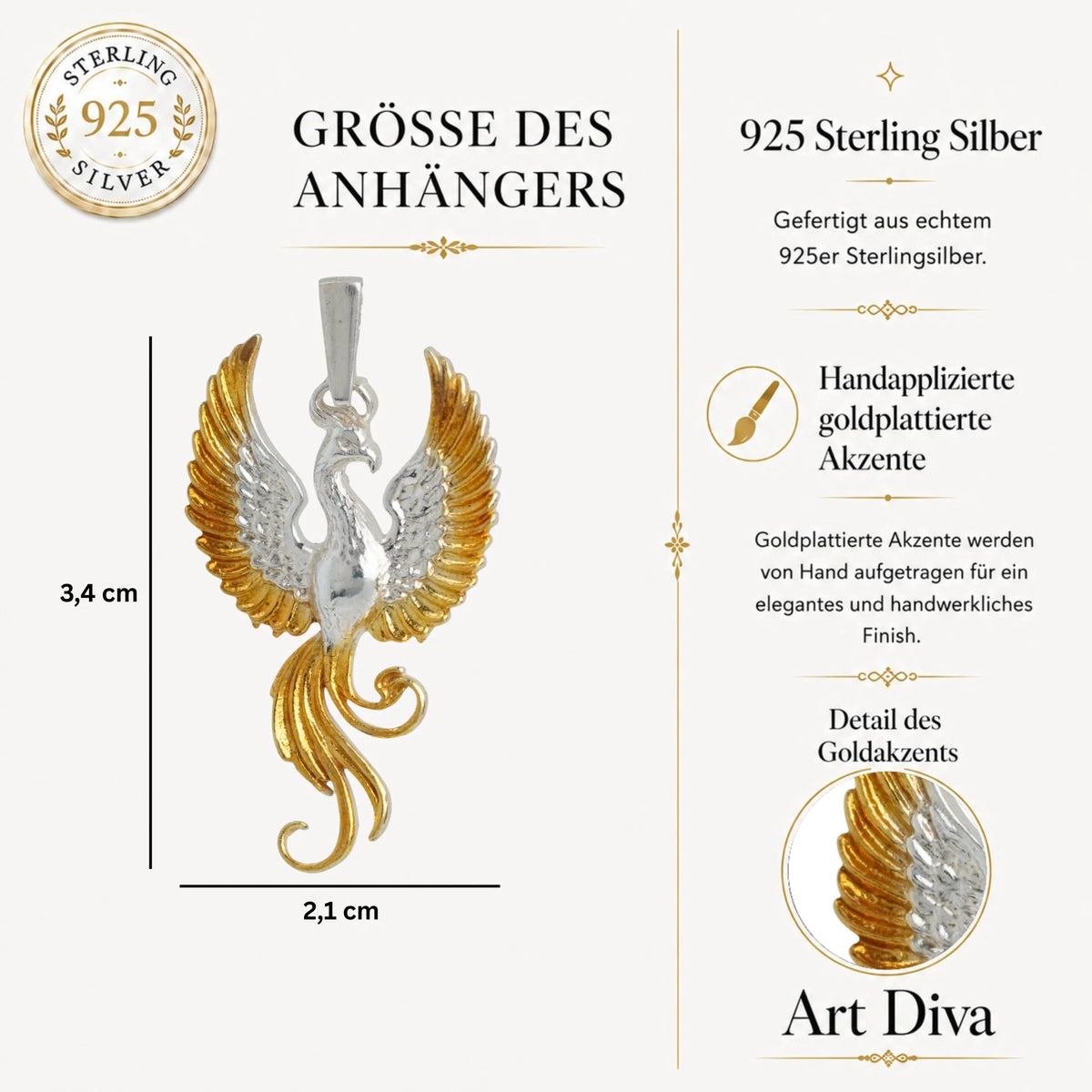 „Phönix“-Anhänger aus 925er Silber mit goldenen Akzenten – handpolierter Talisman für Wiedergeburt, Stärke und Neuanfang, skulpturaler Schmuck im Boho-Rustik-Stil | Art Diva