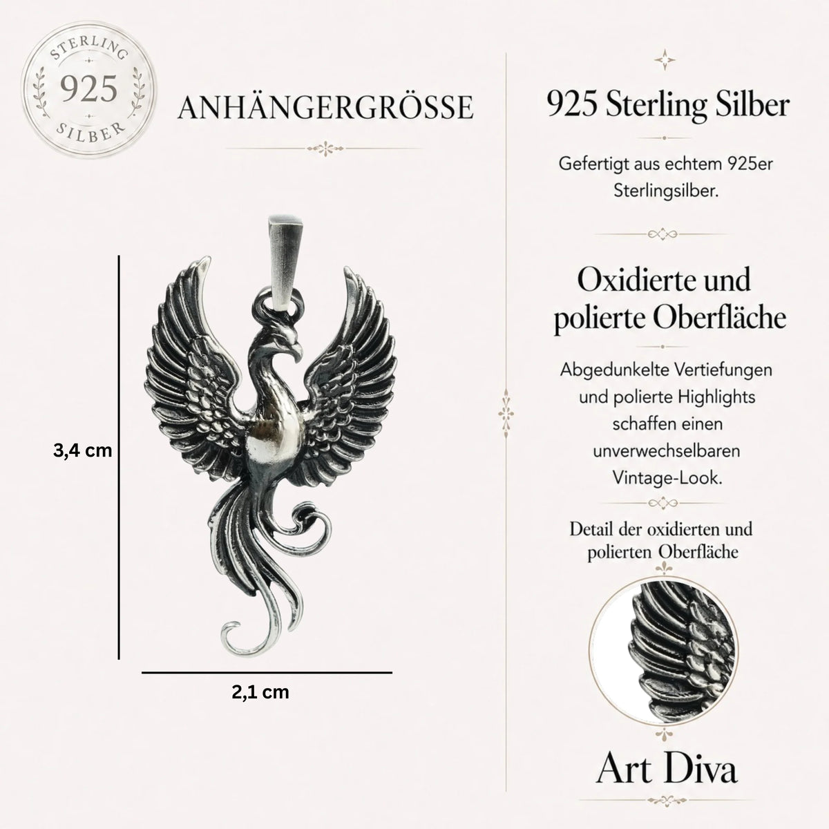„Phönix“-Anhänger aus 925er Silber – Symbol für Wiedergeburt und Stärke, skulpturaler Schmuck im Boho-Rustik-Stil | Art Diva