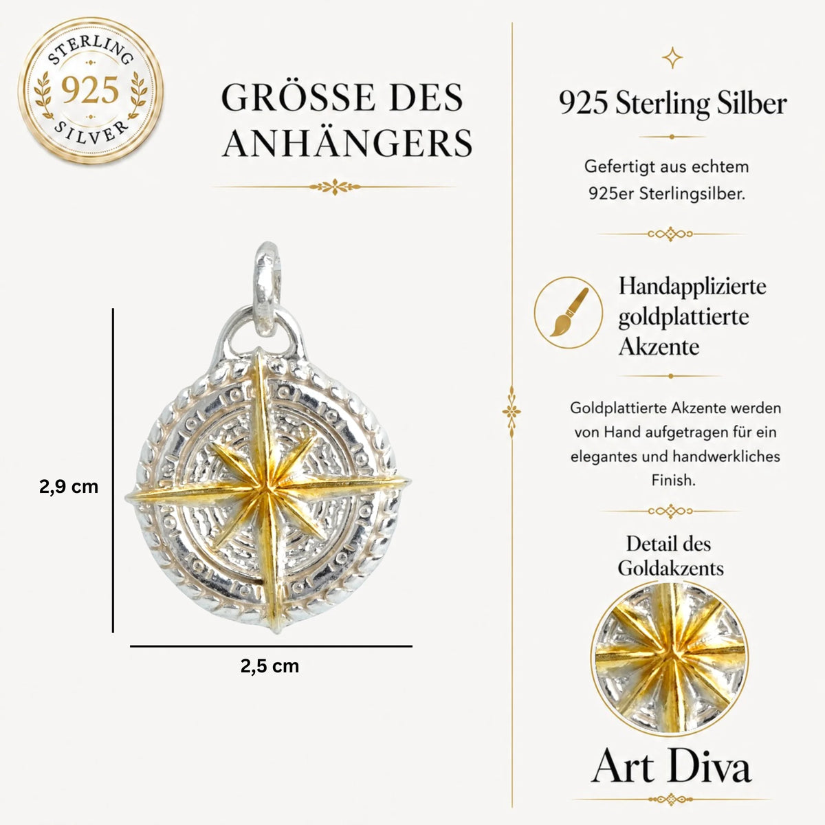 „Kompass“-Anhänger aus 925er Silber mit goldenen Akzenten – handpolierter Talisman für Orientierung, Schutz und innere Stärke, skulpturaler Schmuck im Boho-Rustik-Stil | Art Diva