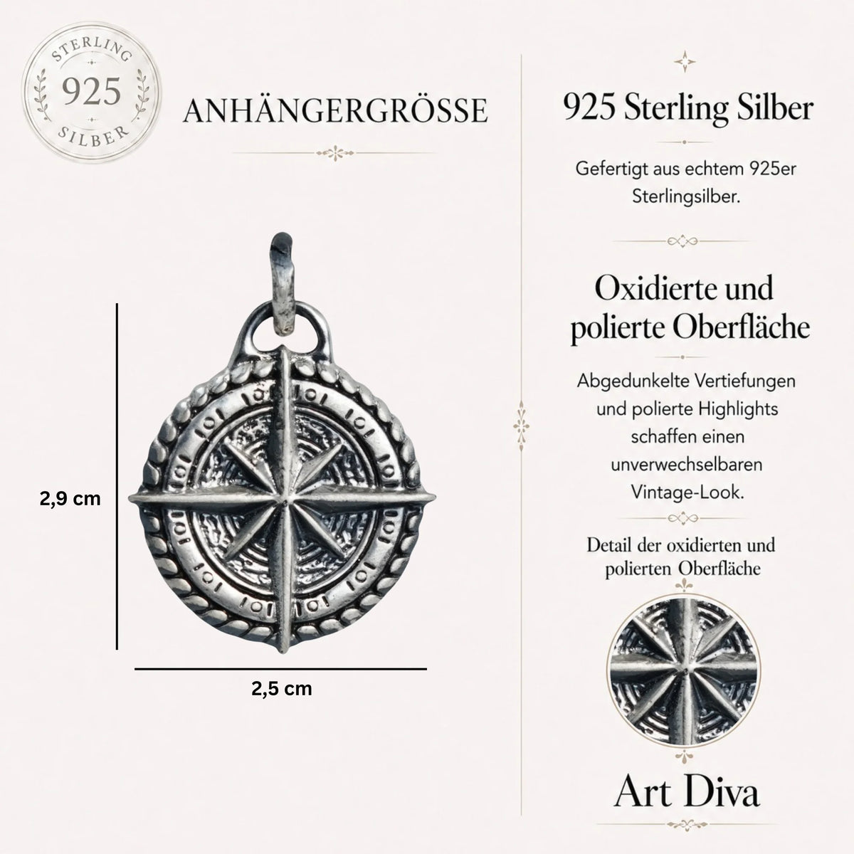 „Kompass“-Anhänger aus 925er Silber – Talisman für Orientierung, Schutz und innere Stärke, skulpturaler Schmuck im Boho-Rustik-Stil | Art Diva