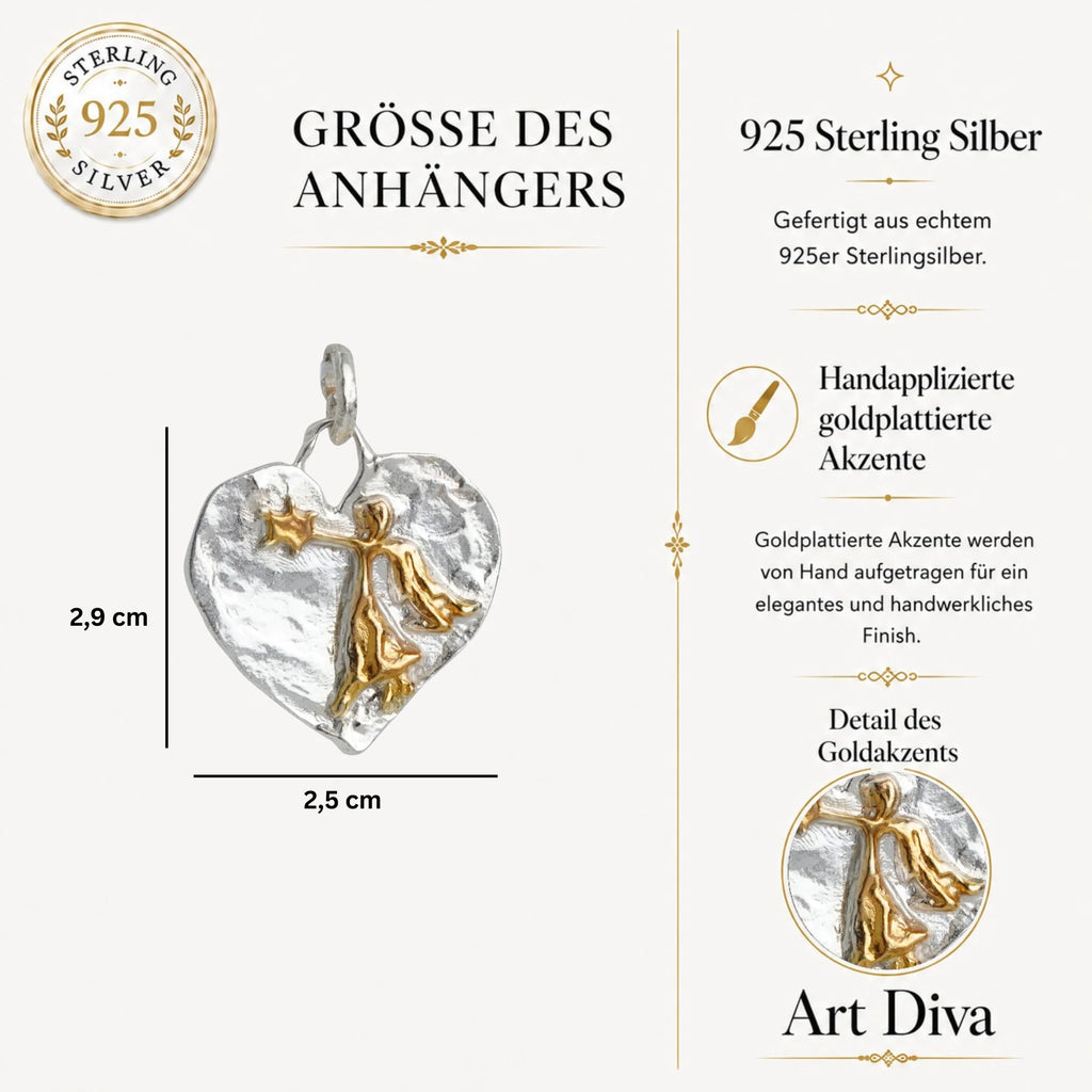 Schutzengel-Herz-Anhänger mit Engel und Stern aus 925er Silber – Talisman für Schutz, Liebe und Glauben, handgefertigt im Boho- und rustikalen Stil | Art Diva