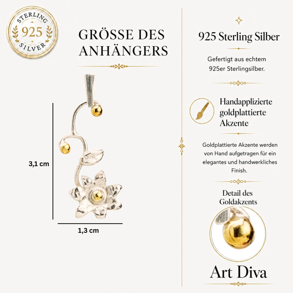 „Zarte Blüte“-Anhänger aus 925er Silber mit goldenem Akzent – Talisman für Neuanfang und Zärtlichkeit, handgefertigter skulpturaler Schmuck im Boho-Rustik-Stil | Art Diva