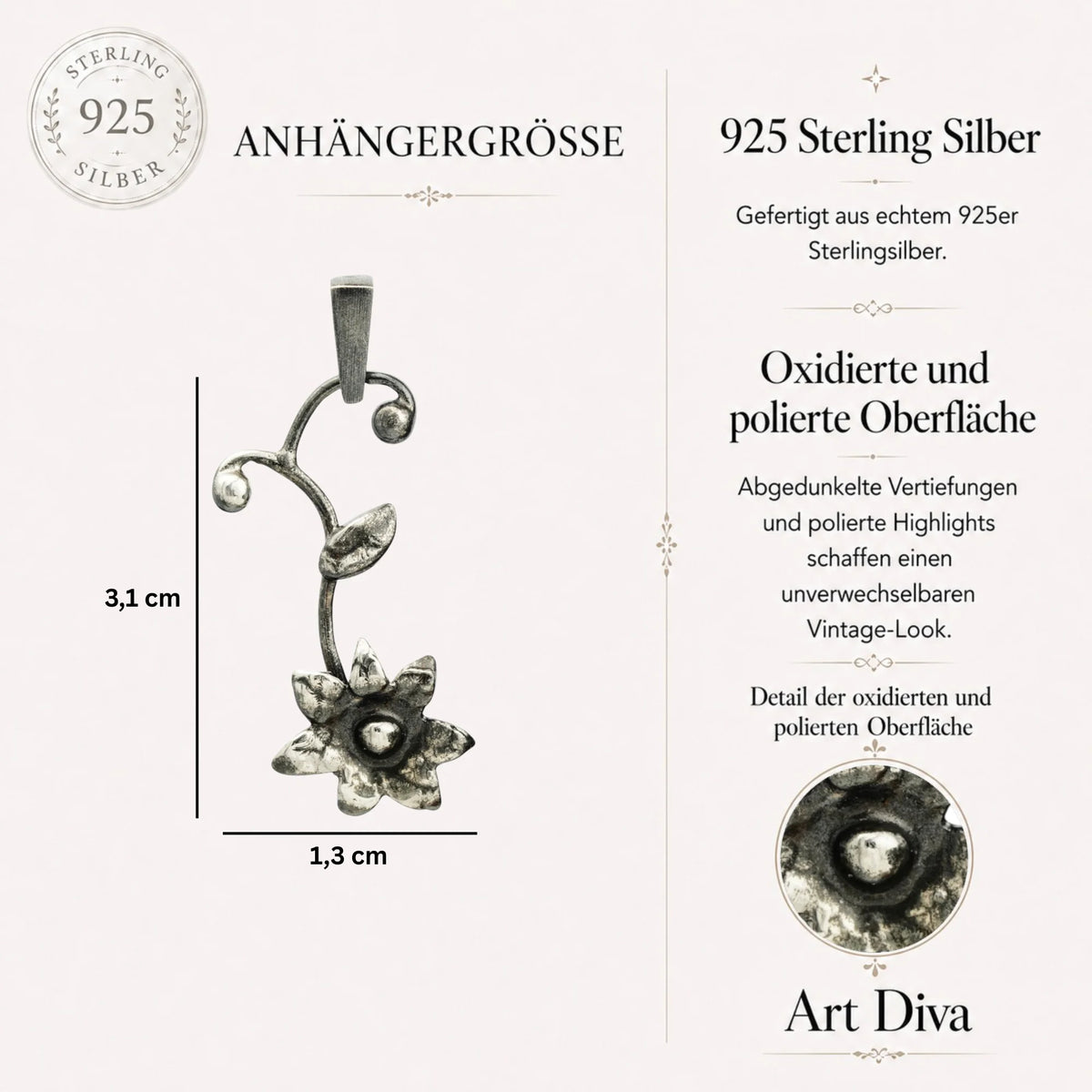„Wildblume“-Anhänger aus 925er Silber – Talisman für innere Stärke und einen Neuanfang, skulpturaler Schmuck im Boho-Rustik-Stil | Art Diva
