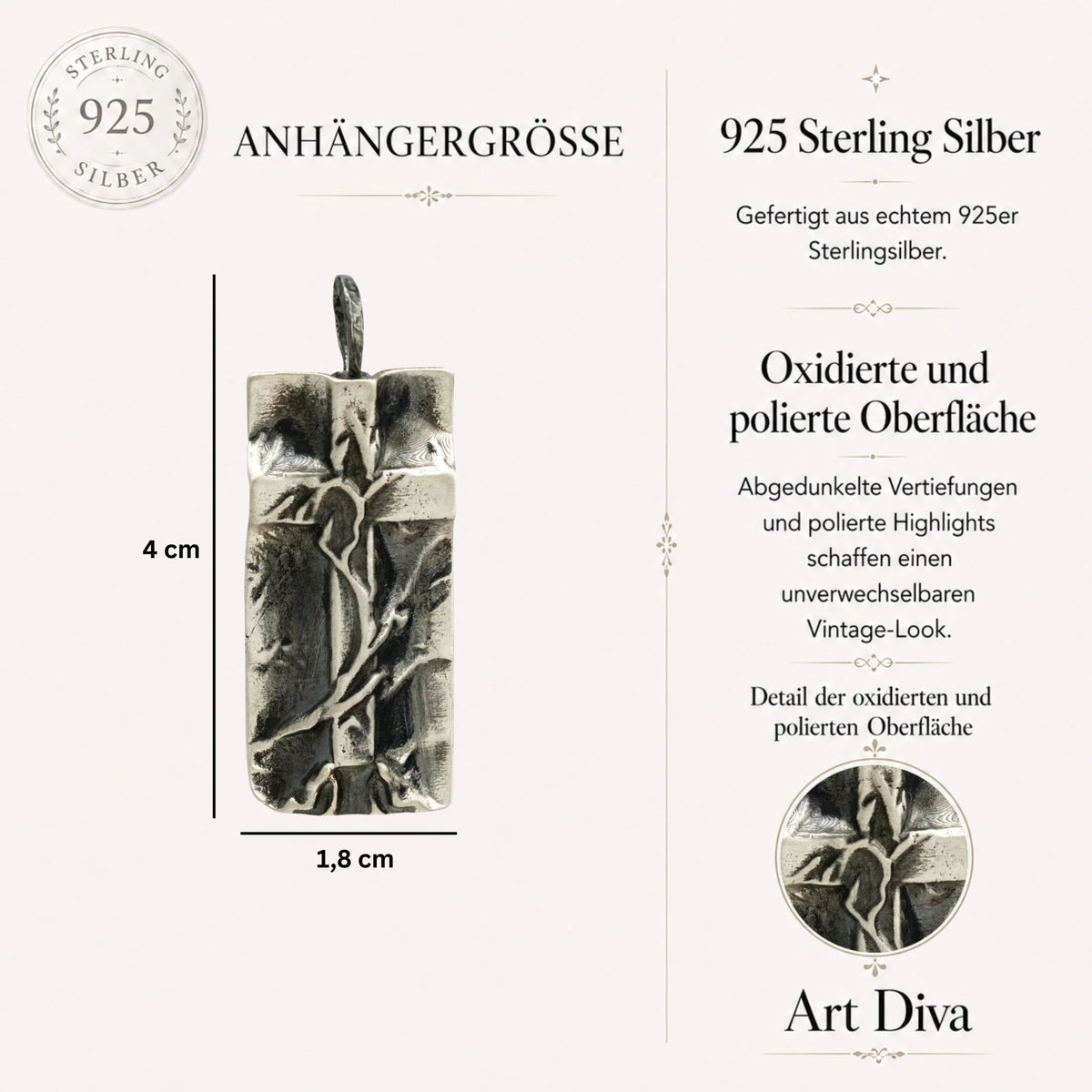„Grabtuch“-Kreuz-Anhänger für Herren aus 925er Silber – Symbol für Glauben und Schutz, handgefertigter skulpturaler Schmuck im Boho-Rustik-Stil | Art Diva