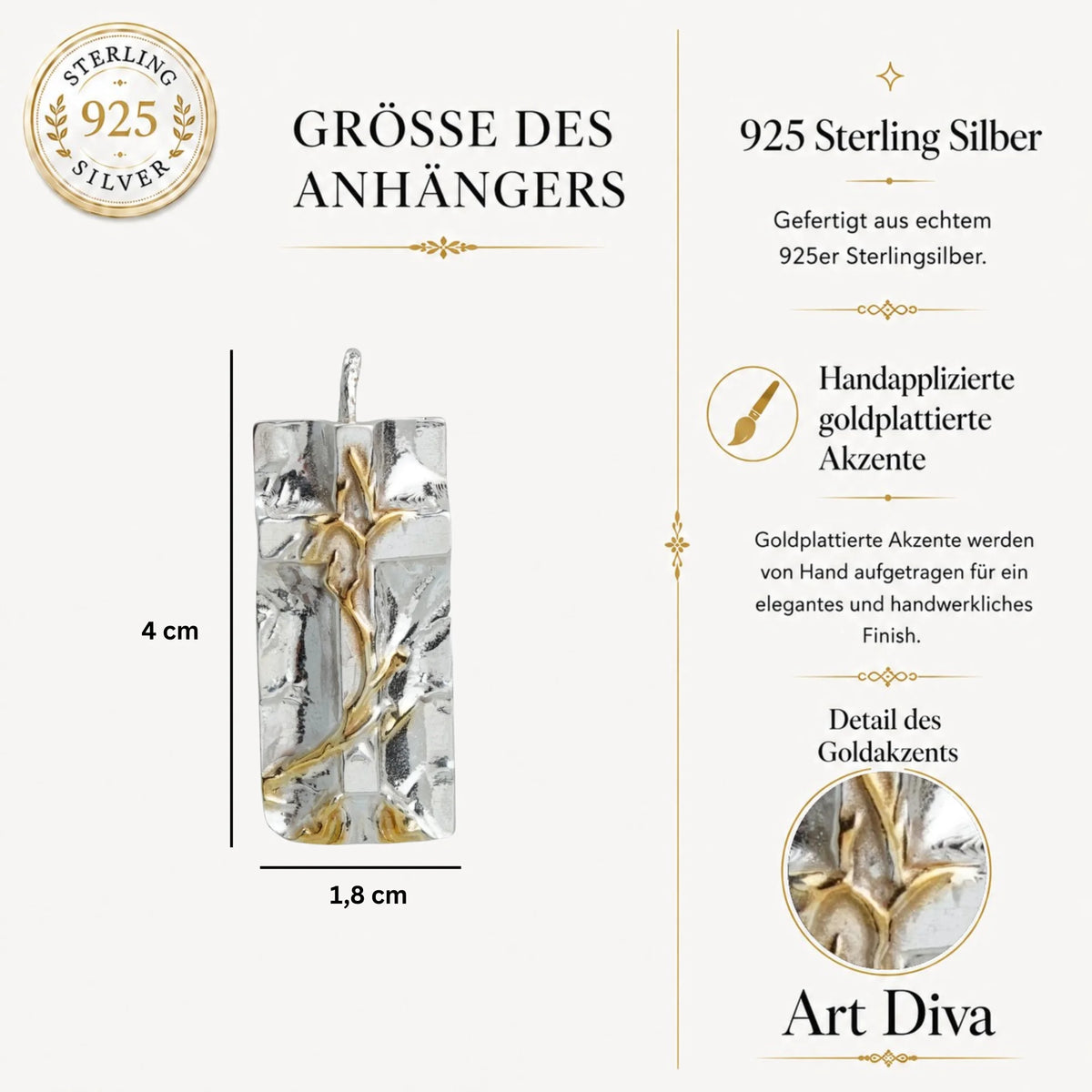 „Grabtuch“-Kreuz-Anhänger für Herren aus 925er Silber mit goldenen Akzenten – Symbol des Glaubens, handgefertigter skulpturaler Schmuck im Boho-Rustik-Stil | Art Diva