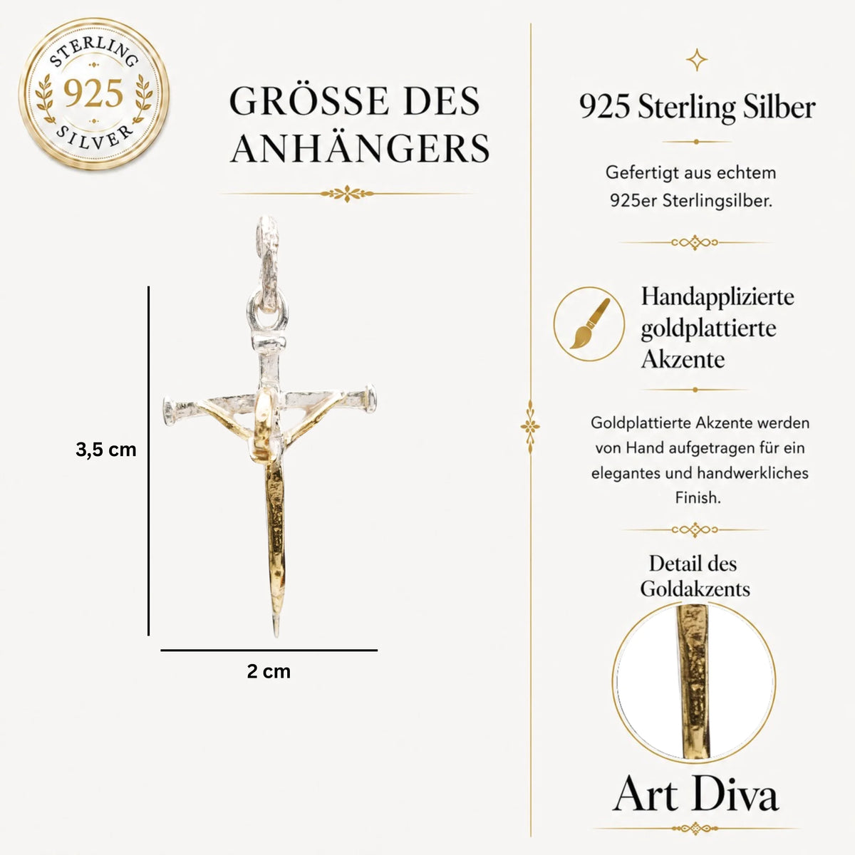 „Geschmiedeter Glaube“-Kreuz-Anhänger für Damen aus 925er Silber mit goldenen Akzenten – Symbol für innere Stärke, Glauben und Neuanfang | Art Diva