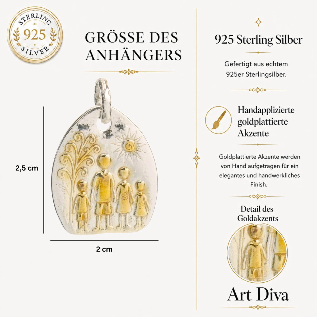 „Familie“-Anhänger aus 925er Silber mit goldenen Akzenten – handgefertigter Talisman für Liebe und Schutz, skulpturaler Schmuck im Boho-Rustik-Stil | Art Diva