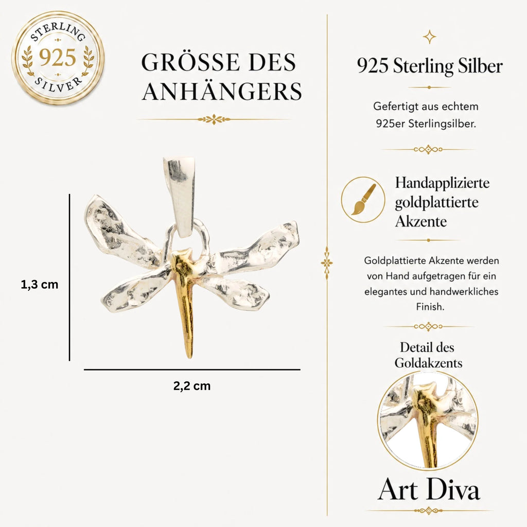 „Libelle“-Anhänger aus 925er Silber mit goldfarbenen Akzenten – Talisman für Veränderung, Leichtigkeit und innere Freiheit, handgefertigt im Boho- und rustikalen Stil | Art Diva