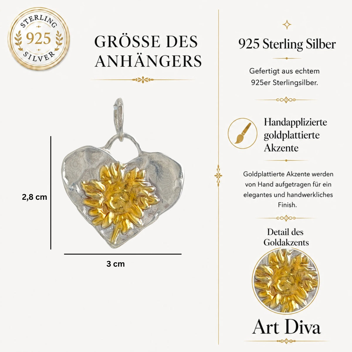 „Herz mit Sonnenblume“-Anhänger aus 925er Silber mit vergoldeten Akzenten – handgefertigter Skulpturenschmuck im Boho- und rustikalen Stil | Art Diva