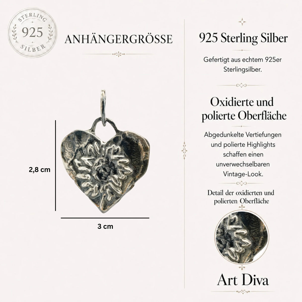 Herz mit Sonnenblume – Anhänger aus 925er Silber | Symbol für Liebe und Zärtlichkeit | Art Diva