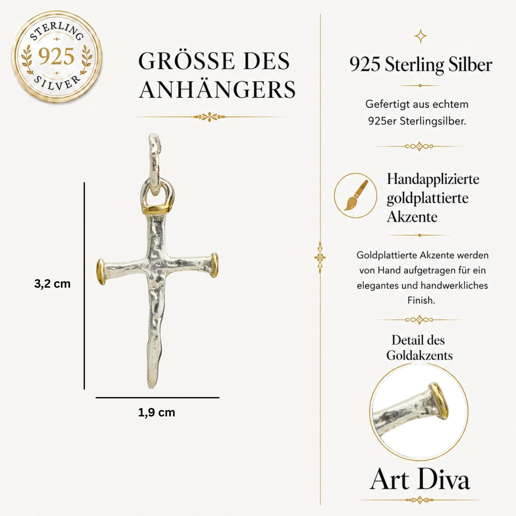 Nagelkreuz-Anhänger aus 925er Silber mit vergoldeten Akzenten – Talisman für Glauben und Stärke, handgefertigt im rustikalen Stil | Art Diva