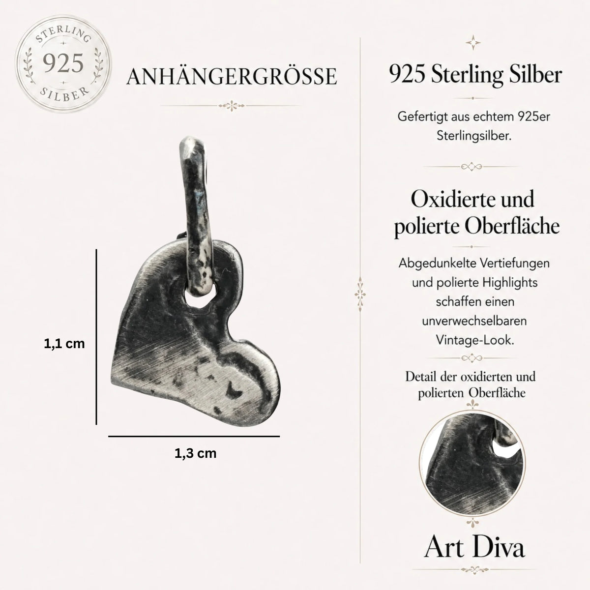 Herz-Anhänger aus 925er Silber – Talisman für Liebe, handgefertigter Skulpturenschmuck im Boho-Stil mit rustikaler Optik | Art Diva