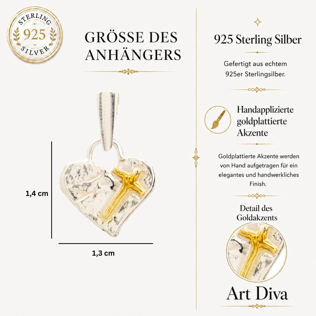 „Glaube an die Liebe“-Miniaturanhänger mit Herz und Kreuz aus 925er Silber mit vergoldeten Akzenten – handgefertigtes Symbol spiritueller Liebe, rustikaler Skulpturenschmuck aus der Kollektion „Glanz“ | Art Diva