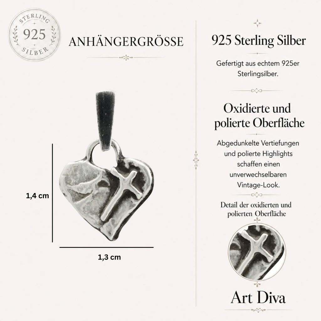 „Glaube an die Liebe“-Miniaturanhänger aus 925er Silber – christliches Herz mit Kreuz, handgefertigtes Symbol spiritueller Liebe | Art Diva