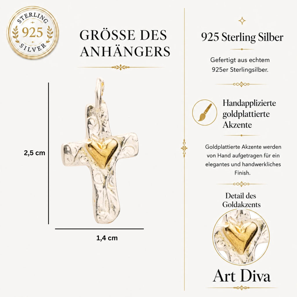 Kreuz-Anhänger mit Herz aus 925er Silber mit goldfarbenen Akzenten – handgefertigtes Symbol für Liebe und Glauben im Boho- und rustikalen Stil | Art Diva