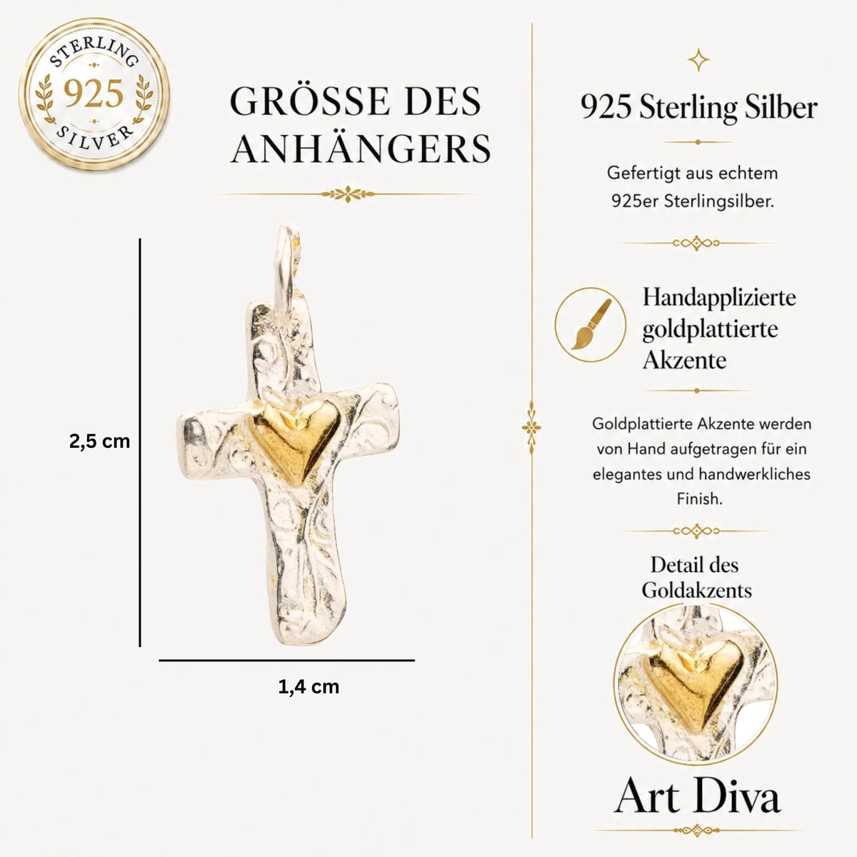 Kreuz-Anhänger mit Herz aus 925er Silber mit goldfarbenen Akzenten – handgefertigtes Symbol für Liebe und Glauben im Boho- und rustikalen Stil | Art Diva