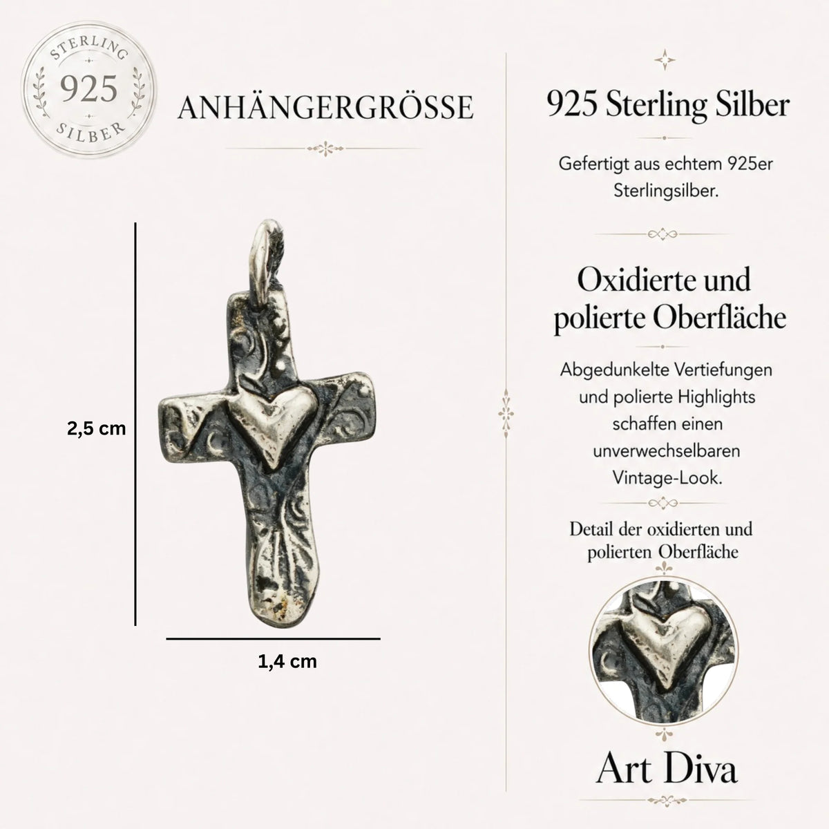 Kreuz-Anhänger mit Herz aus Silber – handgefertigtes Symbol für Liebe und Glauben, Skulpturenschmuck im Boho- und rustikalen Stil | Art Diva