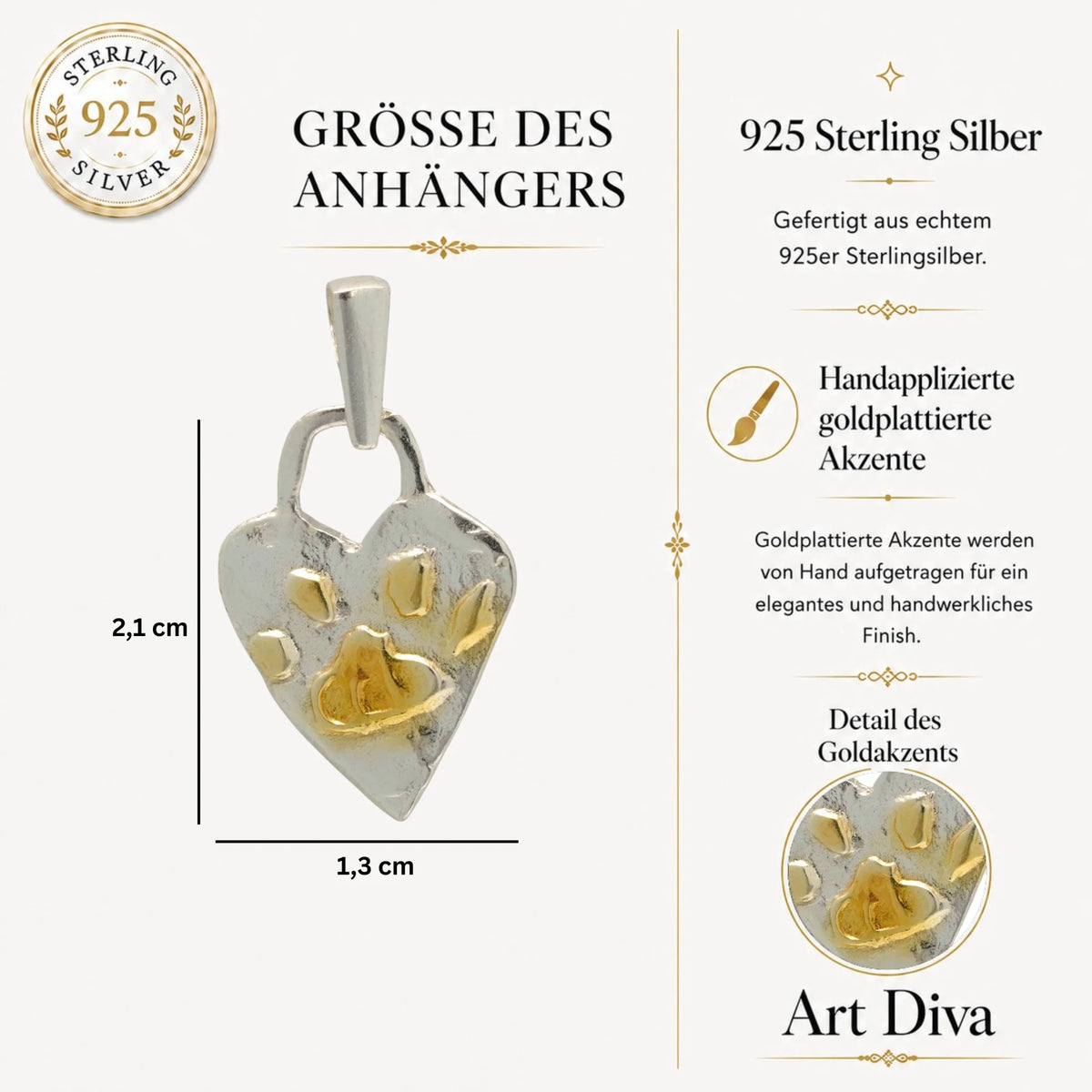 „Flauschige Spur“-Anhänger aus 925er Silber mit vergoldeten Akzenten – Amulett für Liebe und Treue, handgefertigter Skulpturenschmuck im Boho- und rustikalen Stil | Art Diva