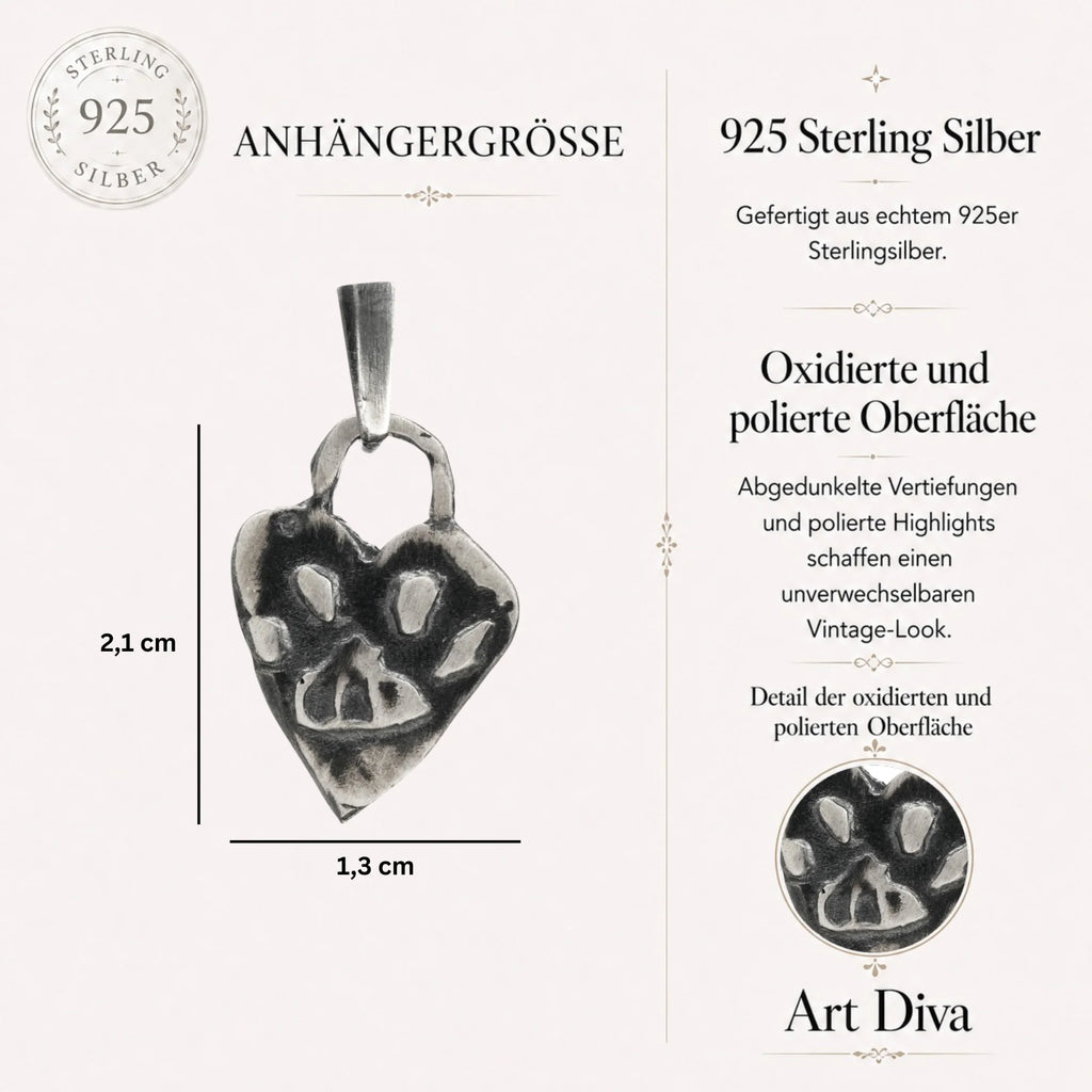 Herz-Anhänger mit Pfote aus 925er Silber – Talisman für Tierliebe, Schmuckstück im Boho- und rustikalen Stil, ideales Geschenk für Mutter, Tochter oder Freundin | Art Diva