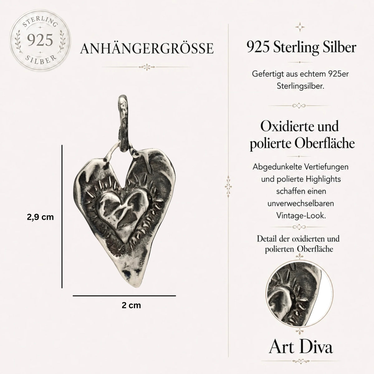 Herz-in-Herz-Anhänger aus 925er Silber – Talisman für Liebe und tiefe Verbundenheit, handgefertigter Skulpturenschmuck im Boho- und rustikalen Stil | Art Diva
