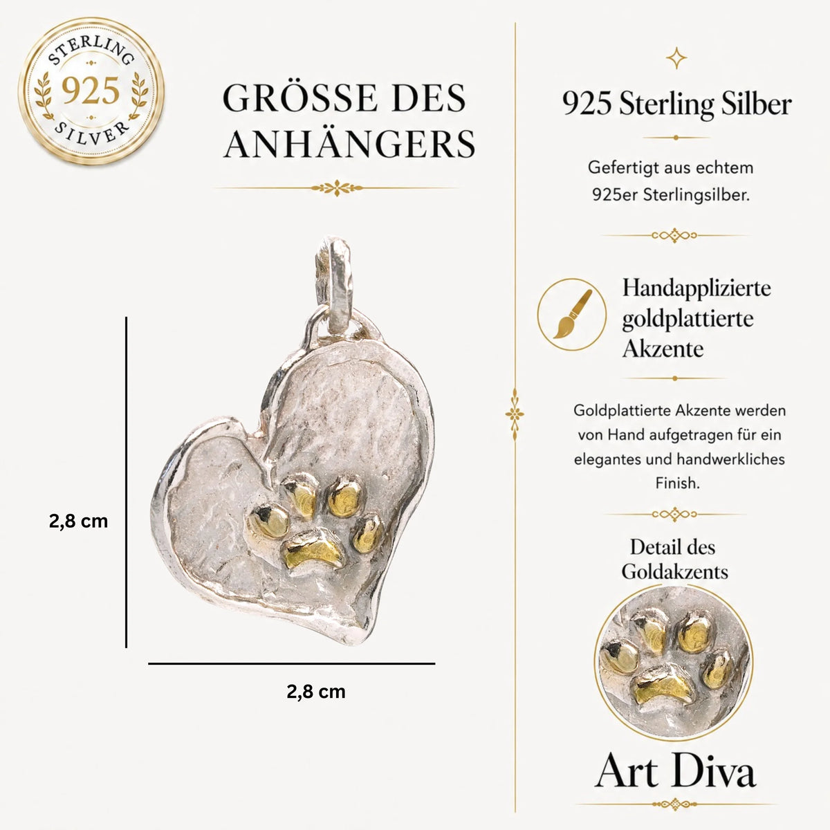 Herz-Anhänger mit Pfote aus 925er Silber und goldfarbenen Akzenten – Talisman für Treue und Tierliebe, handgefertigter Skulpturenschmuck im Boho- und rustikalen Stil, Kollektion „Glanz“ | Art Diva
