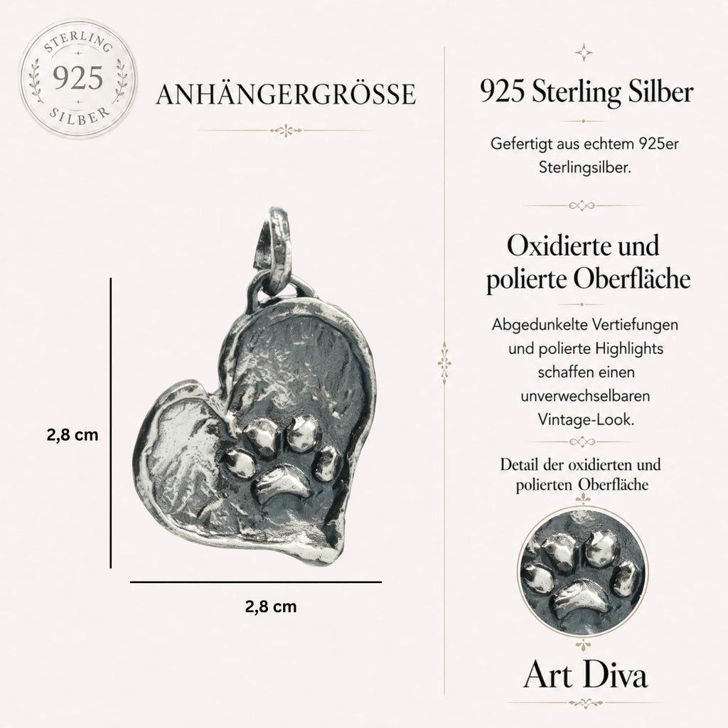 Herz-Anhänger mit Pfote aus 925er Silber – Talisman für Treue und Tierliebe, Schmuckstück im Boho- und rustikalen Stil für Hunde- und Katzenliebhaber | Art Diva