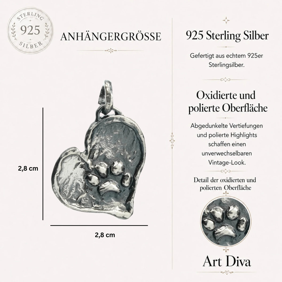 Herz-Anhänger mit Pfote aus 925er Silber – Talisman für Treue und Tierliebe, Schmuckstück im Boho- und rustikalen Stil für Hunde- und Katzenliebhaber | Art Diva