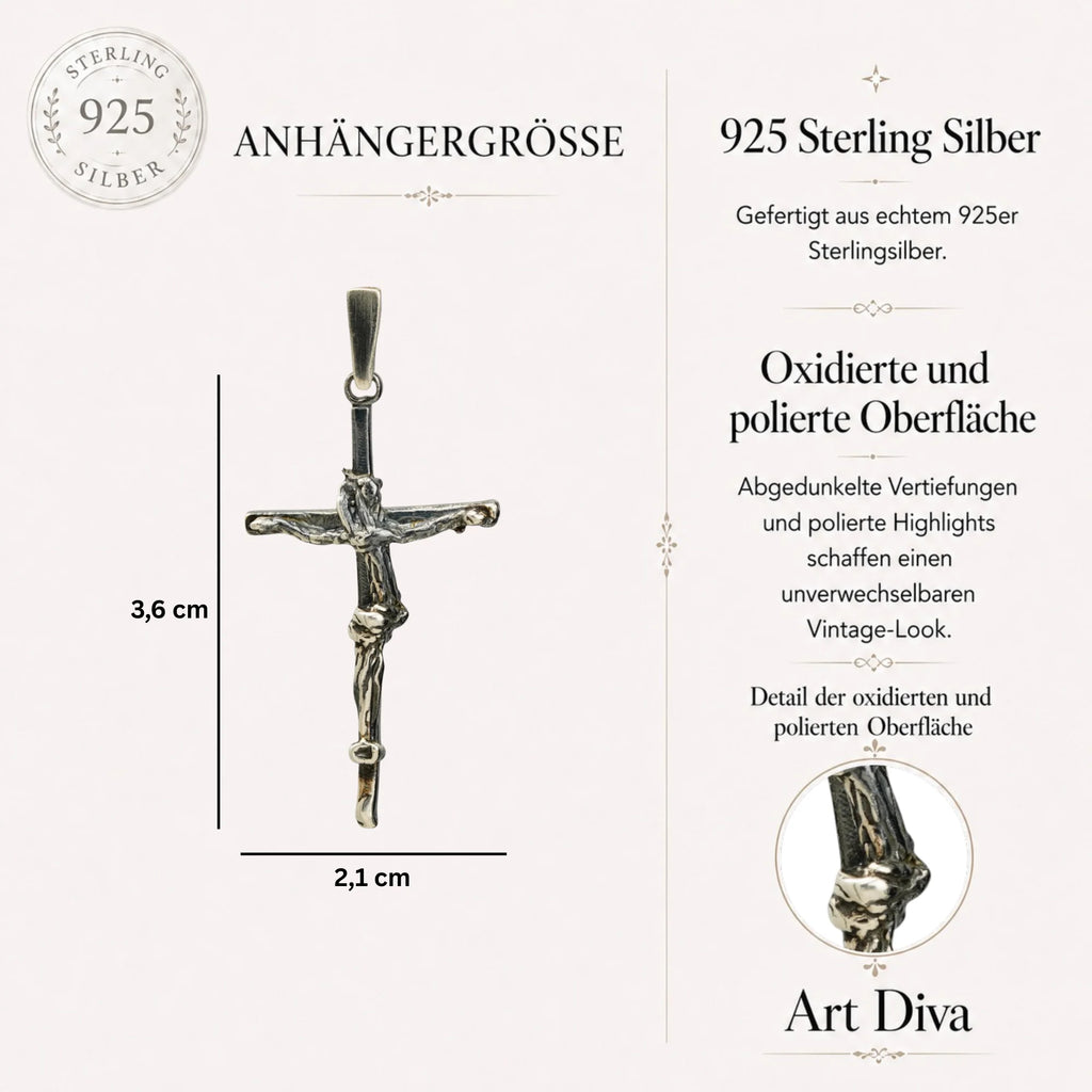 „Kreuz des Glaubens“ – Kruzifix aus 925er Silber mit kunstvoll gestalteter Christusfigur, handgefertigtes Symbol für Stärke und Spiritualität im Vintage-, Boho- und rustikalen Stil | Art Diva