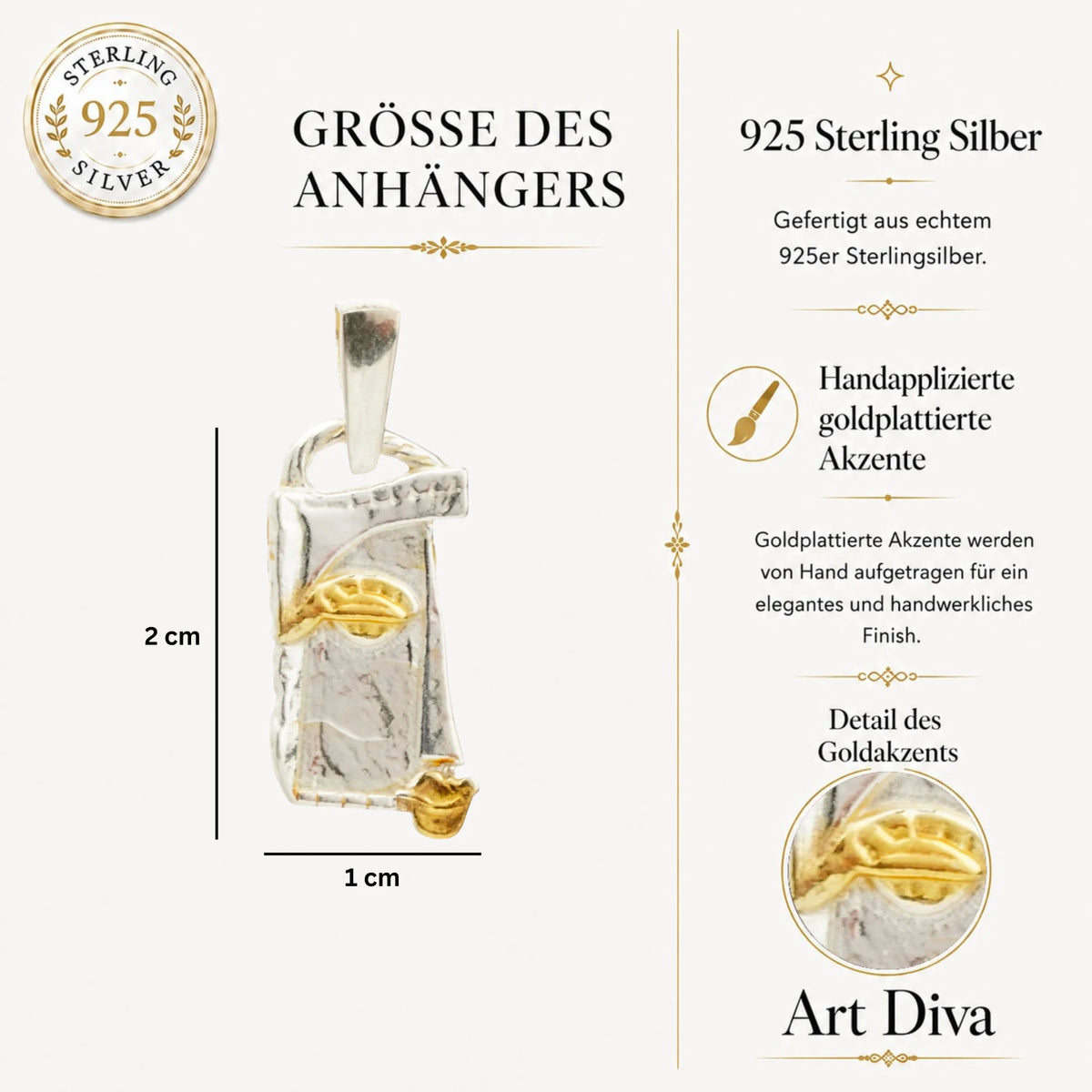 „Gesicht der Muse“ – Anhänger aus 925er Silber mit goldfarbenen Akzenten, Symbol für Inspiration, Kreativität, Selbstvertrauen und innere Stärke, Skulpturenschmuck im Boho- und rustikalen Stil | Art Diva