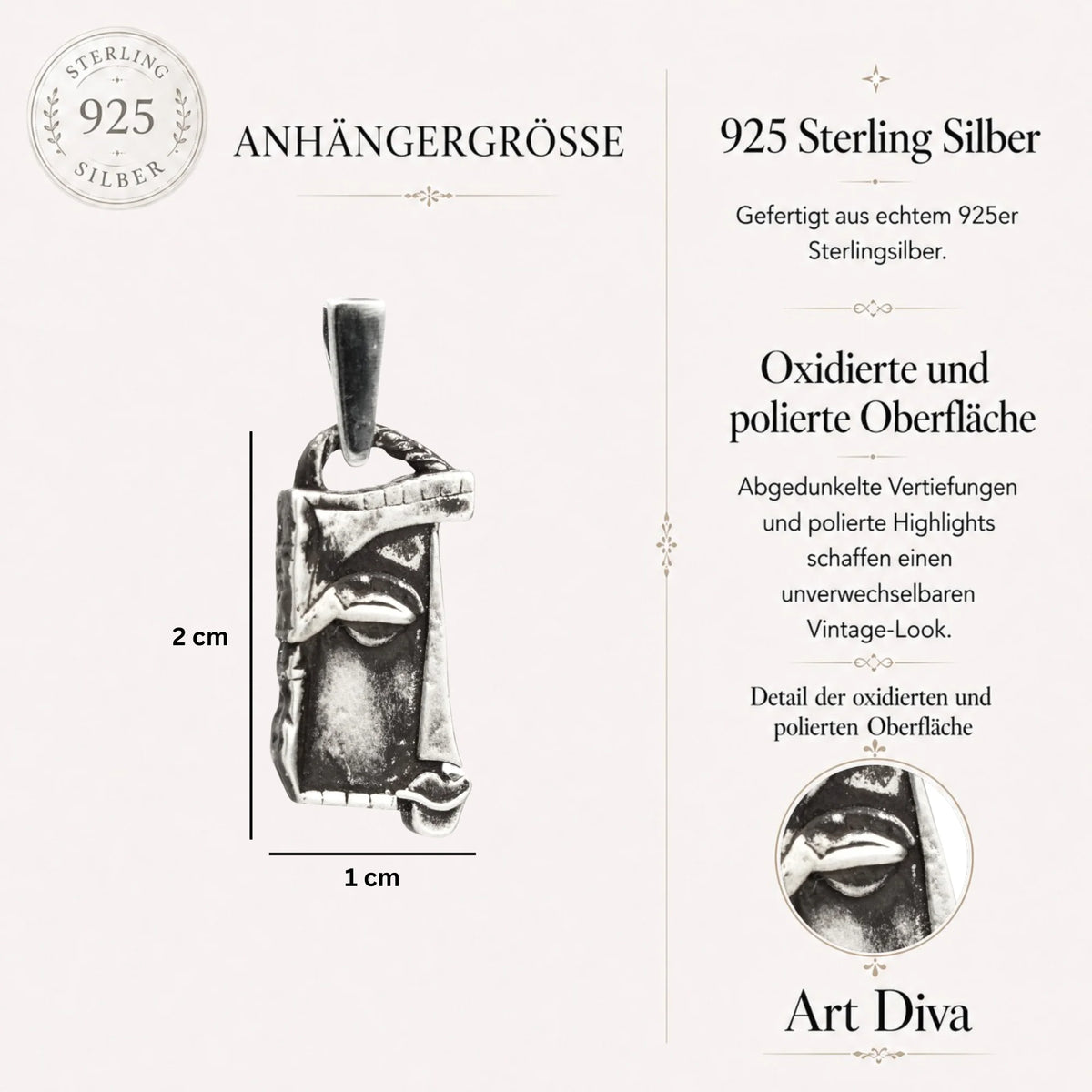 „Gesicht der Muse“ – Anhänger aus 925er Silber, handgefertigter Skulpturenschmuck für kreative Seelen im Boho- und rustikalen Stil | Art Diva