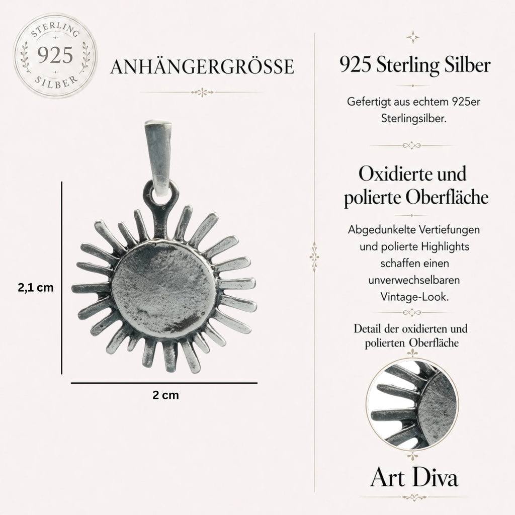 „Sonnenstrahl“ – Anhänger aus 925er Silber, Talisman für Wärme, Licht und Hoffnung, handgefertigter Skulpturenschmuck im Boho- und rustikalen Stil | Art Diva