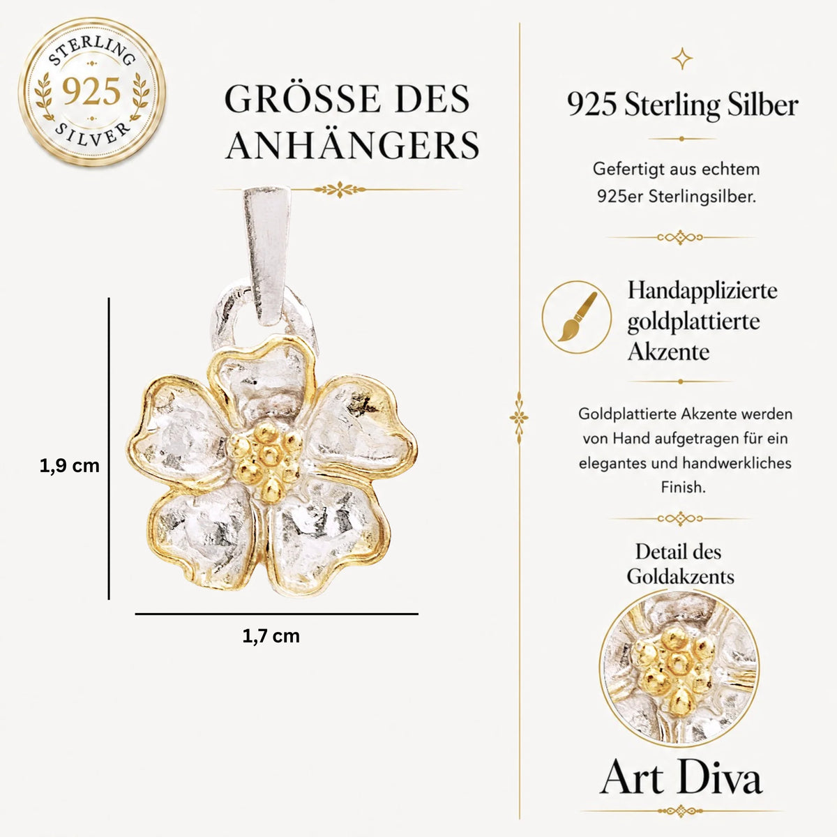 „Kirschblüte“ – Anhänger aus 925er Silber mit goldfarbenen Akzenten, Talisman für Frühling und Neubeginn, handgefertigter Skulpturenschmuck im Boho- und rustikalen Stil | Art Diva