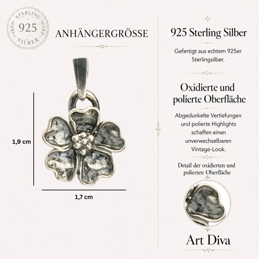 „Kirschblüte“ – oxidierter Anhänger aus 925er Silber, Talisman für Frühling und Neubeginn, handgefertigter Skulpturenschmuck im Boho- und rustikalen Stil | Art Diva