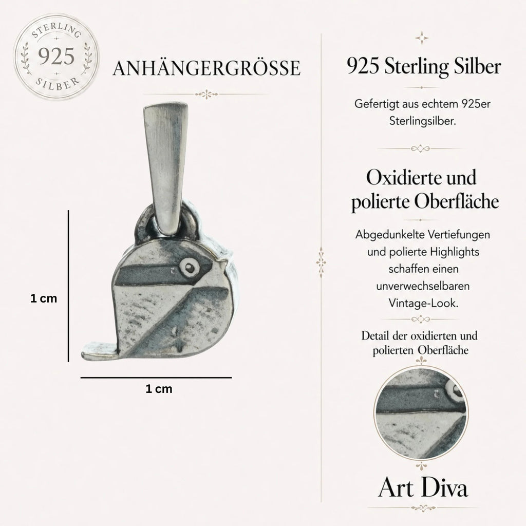 „Spätzchen“-Anhänger aus 925er Silber – oxidierter Talisman für Freiheit, Leichtigkeit und Wärme, handgefertigter Skulpturenschmuck im Boho- und rustikalen Stil | Art Diva