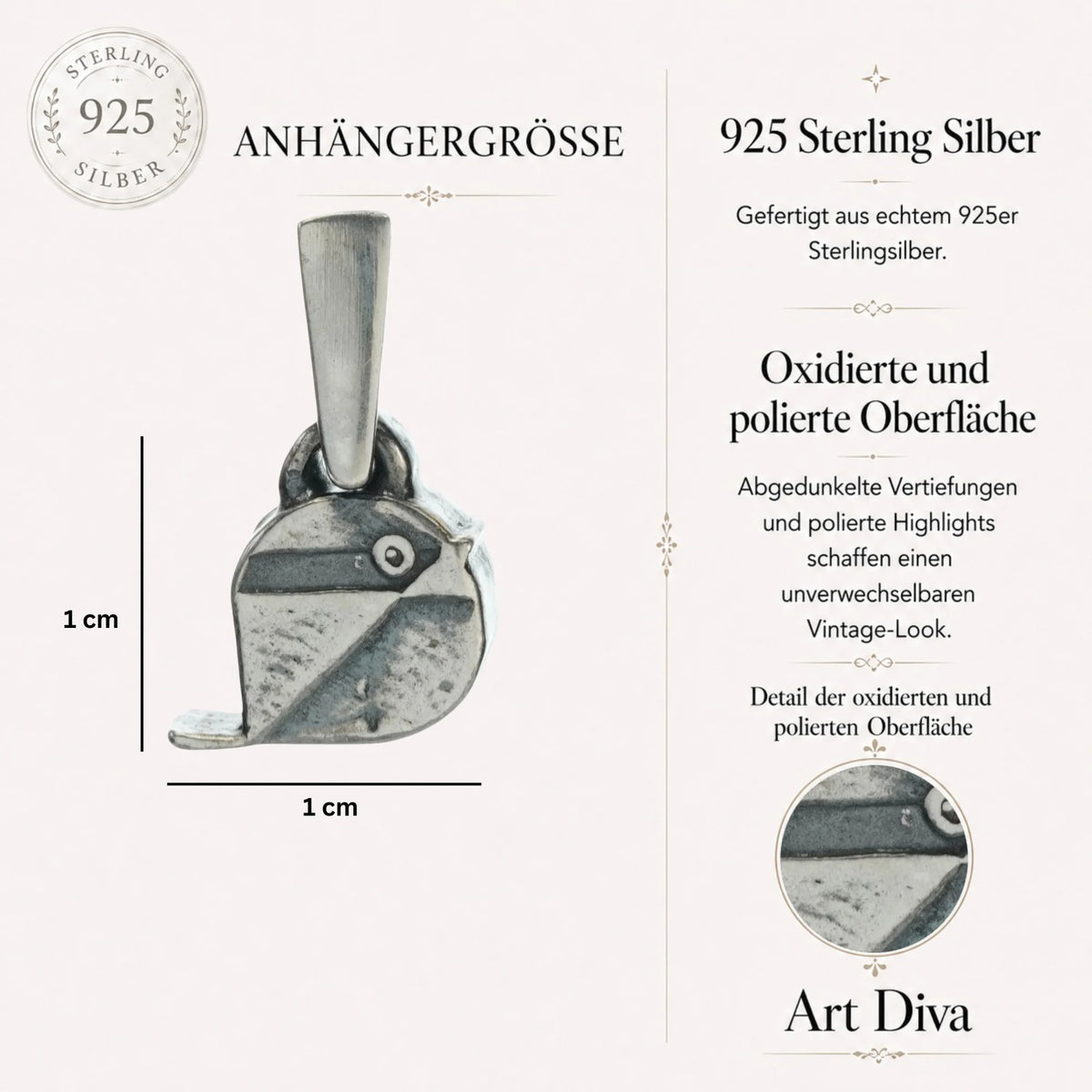 „Spätzchen“-Anhänger aus 925er Silber – oxidierter Talisman für Freiheit, Leichtigkeit und Wärme, handgefertigter Skulpturenschmuck im Boho- und rustikalen Stil | Art Diva