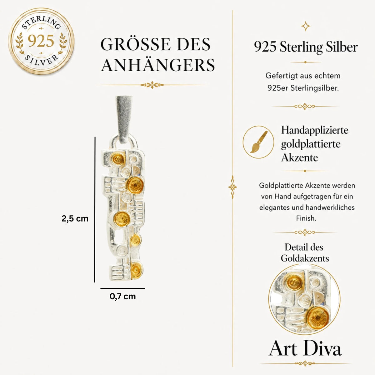 „Puls“ – Anhänger aus 925er Silber mit goldfarbenen Akzenten, künstlerisches Schmuckstück für Kraft und Rhythmus | Art Diva
