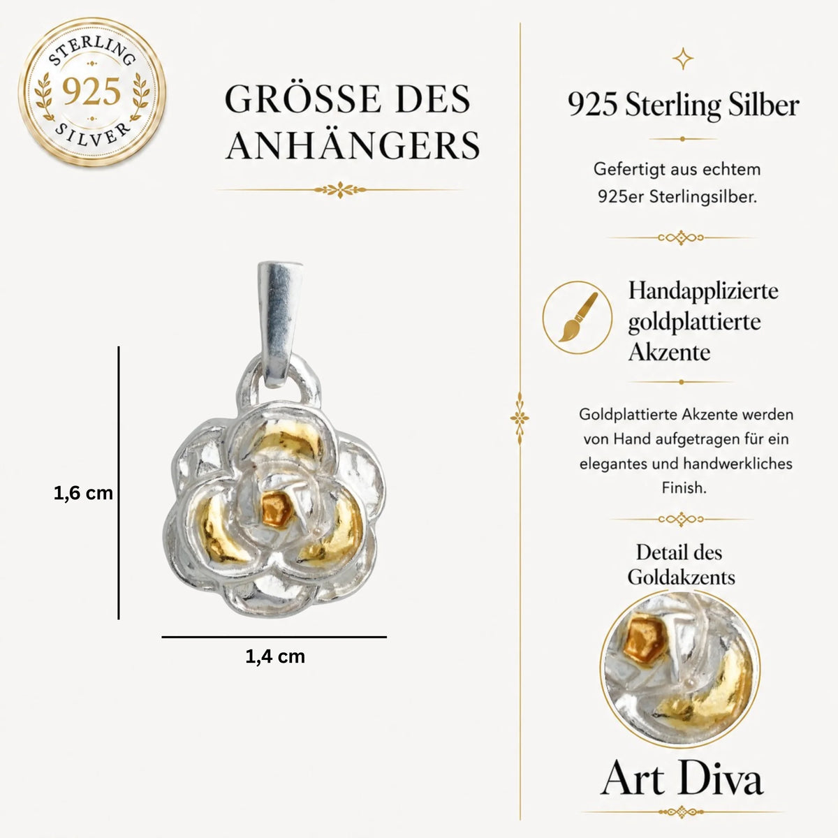 „Kamelie“ – handgefertigter Anhänger aus 925er Silber mit goldfarbenen Akzenten, Talisman für Weiblichkeit, innere Stärke und Schönheit, Skulpturenschmuck im Boho- und rustikalen Stil | Art Diva