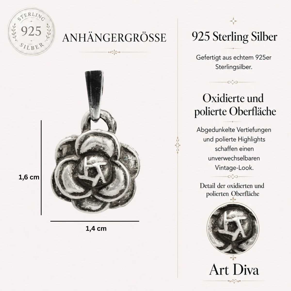„Kamelie“ – handgefertigter Anhänger aus 925er Silber, Talisman für Schönheit und Eleganz, Skulpturenschmuck im Boho- und rustikalen Stil | Art Diva