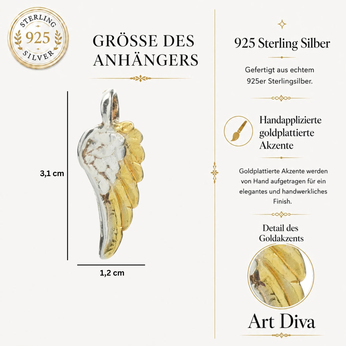 „Engelsflügel“ – handgefertigter Anhänger aus 925er Silber mit goldfarbenen Akzenten, Talisman für Schutz, Stärke und Licht, Skulpturenschmuck im Boho- und rustikalen Stil | Art Diva