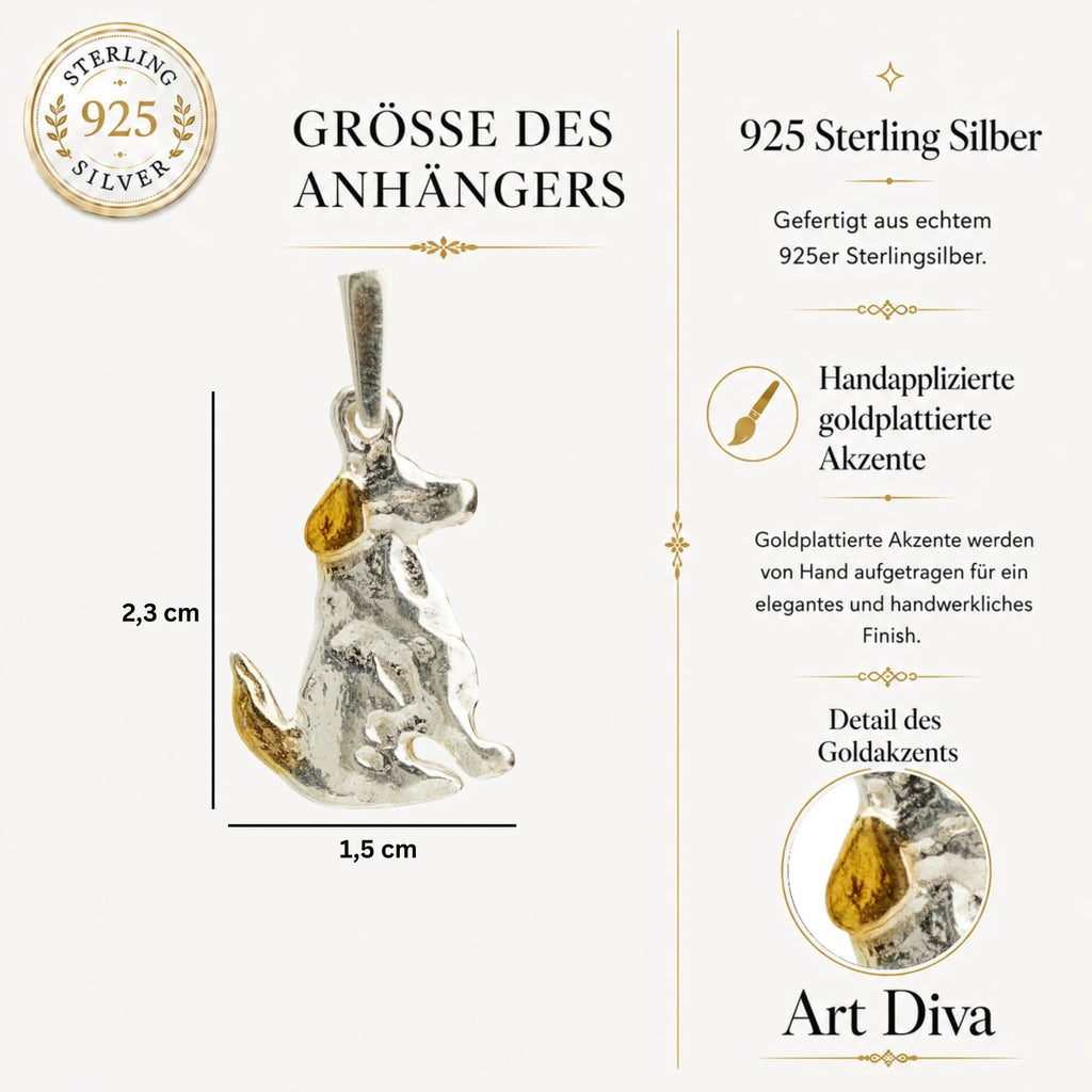 Hund-Anhänger aus 925er Silber mit goldfarbenen Akzenten – Talisman für Treue, Tierliebe und die Verbundenheit mit dem eigenen Haustier | Art Diva