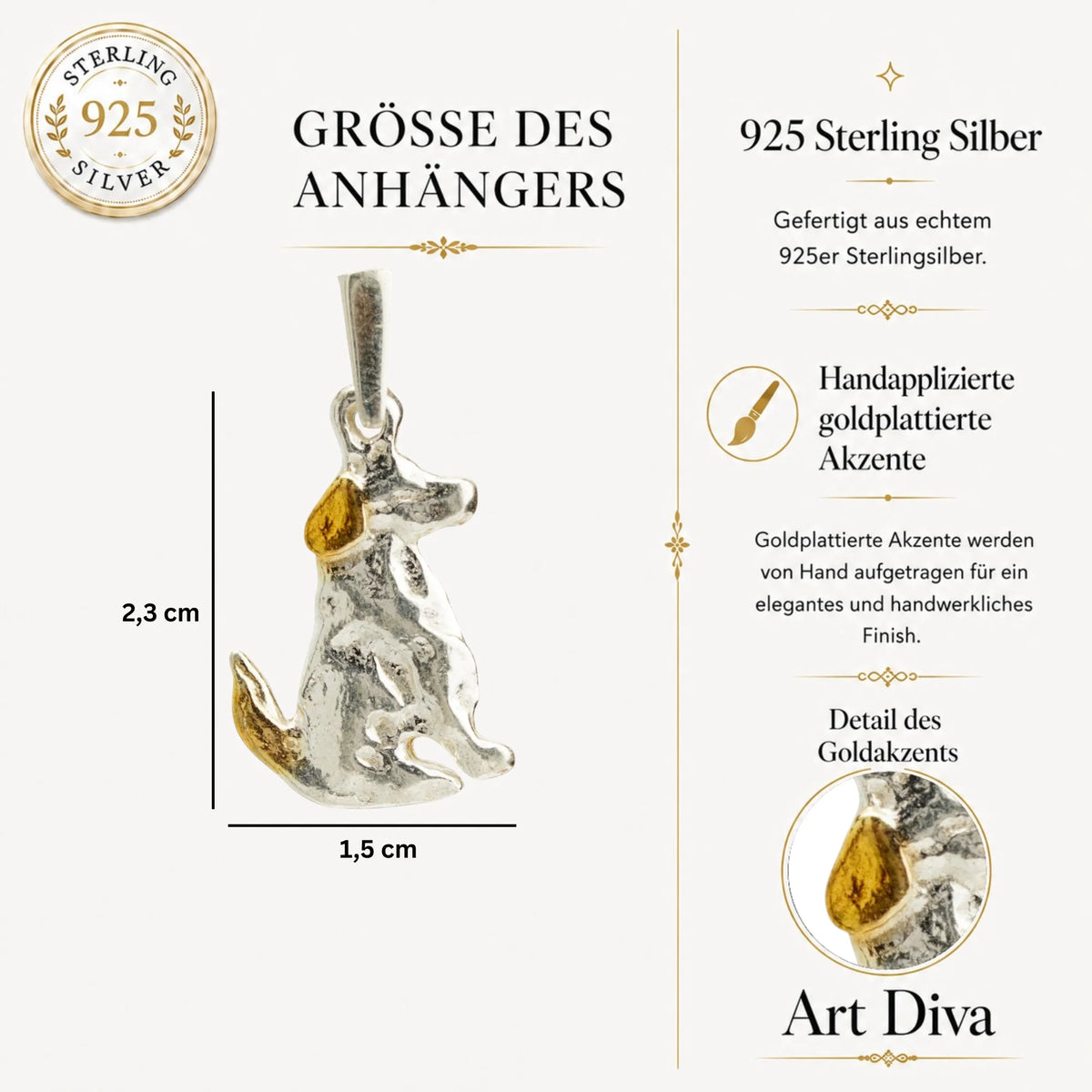 Hund-Anhänger aus 925er Silber mit goldfarbenen Akzenten – Talisman für Treue, Tierliebe und die Verbundenheit mit dem eigenen Haustier | Art Diva