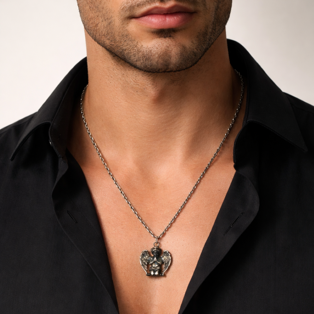 „Betender Engel“-Anhänger aus 925er Silber mit oxidiertem Finish – Talisman für Glauben und Licht, Schutzamulett für inneren Frieden, Skulpturenschmuck im Boho- und rustikalen Stil | Art Diva