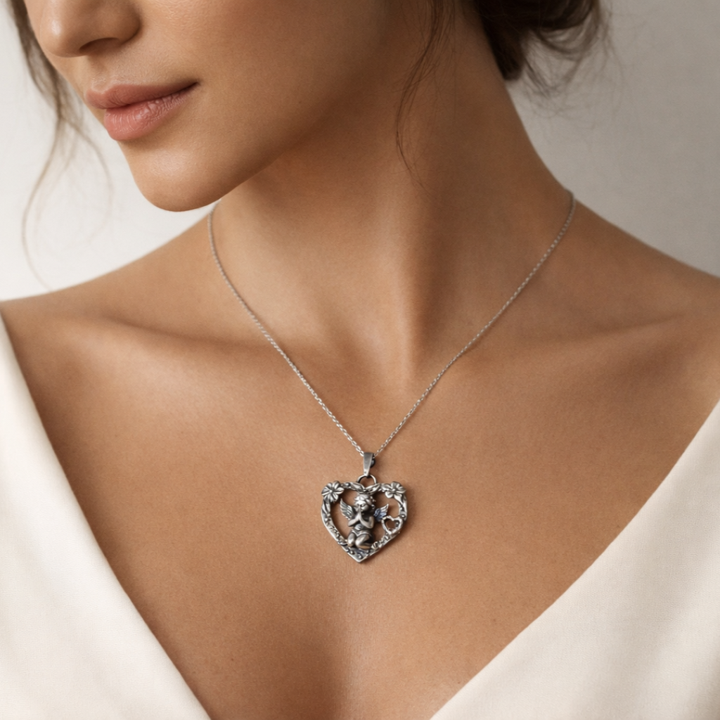 „Gebet eines Engels“-Herz-Anhänger für Damen aus 925er Silber mit Engel und Blumen – Talisman für Liebe und Schutz, Skulpturenschmuck im Boho- und rustikalen Stil | Art Diva