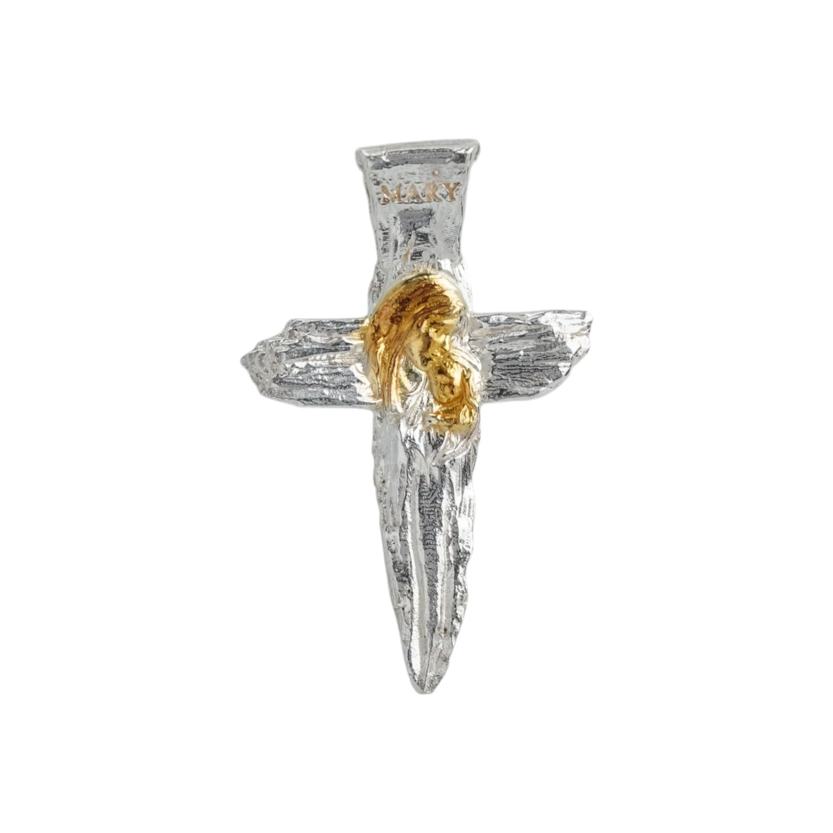 „Kreuz mit der Jungfrau Maria und dem Jesuskind“-Anhänger aus 925er Silber mit goldfarbenen Akzenten – handpoliertes Symbol für Glauben, mütterlichen Schutz und spirituelle Stärke, Skulpturenschmuck im Boho- und rustikalen Stil | Art Diva