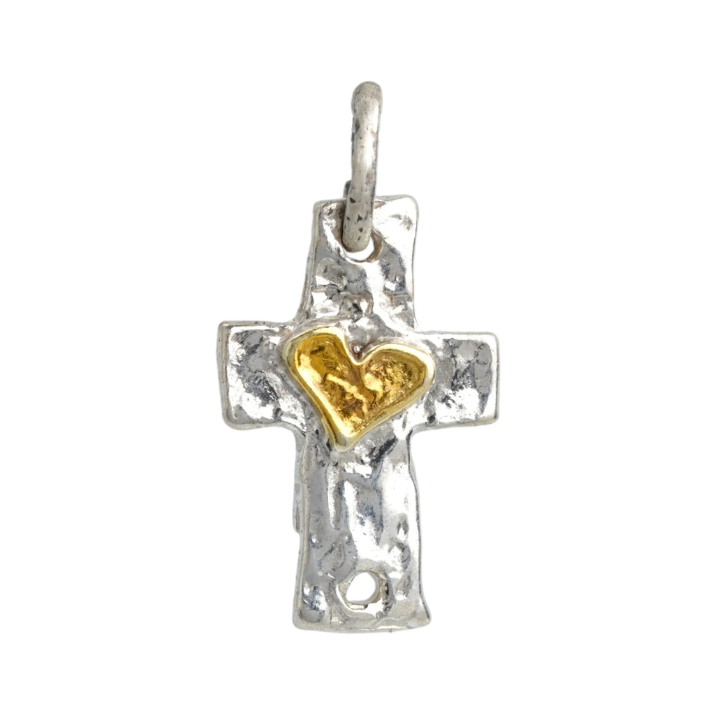 925er Silberanhänger „Kreuz mit Herz“ und goldenen Akzenten – handgefertigter Talisman für Glaube und Liebe im Boho- und rustikalen Stil | Art Diva